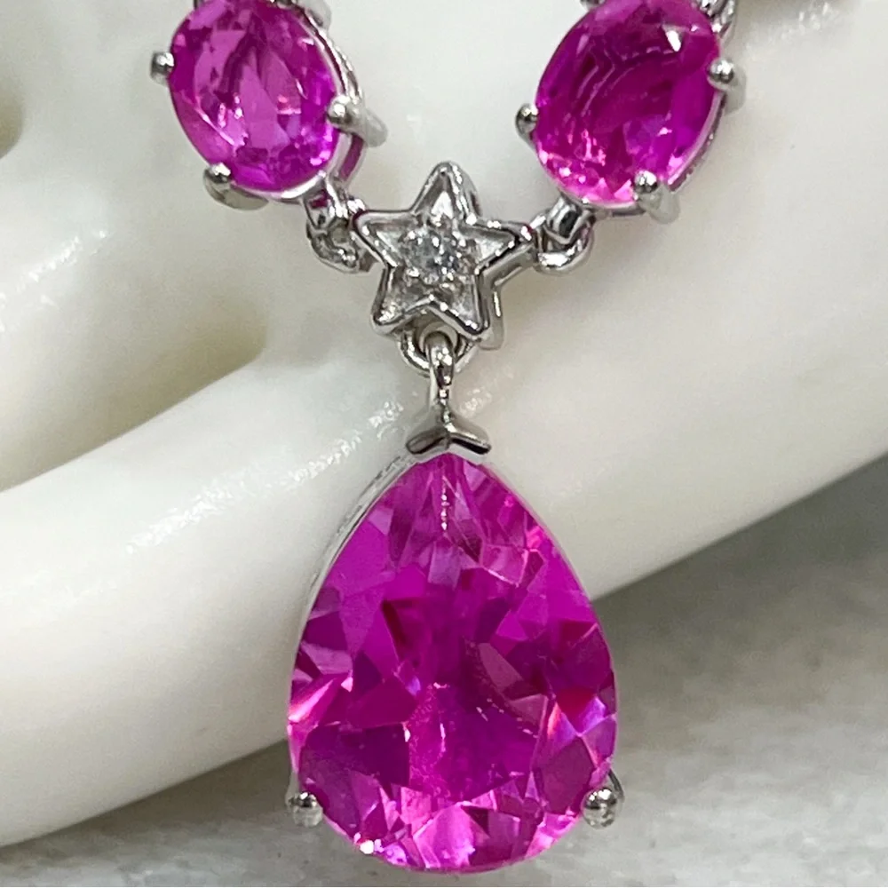Radiant Orchid Quartz White Zircon Silver V Drop Necklace w/ Extender - Picture 3 of 15